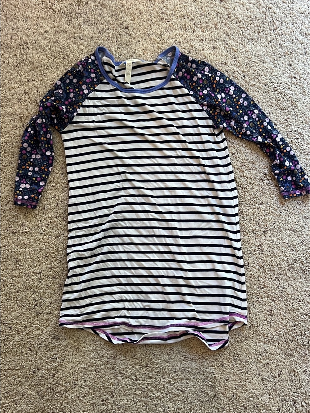Girls' Striped White & Black Dress with Floral Navy Raglan Sleeves